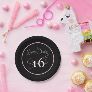 Modern Minimalist 16th Black Pink Birthday Paper Plate