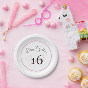 Modern Minimalist 16th White Black Pink Birthday Paper Plate
