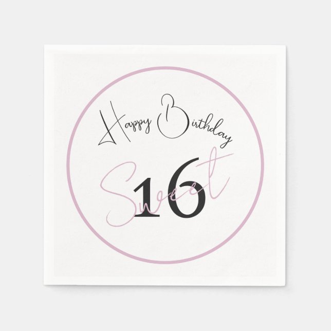 Modern Minimalist 16th White Pink Black Birthday Napkin (Front)