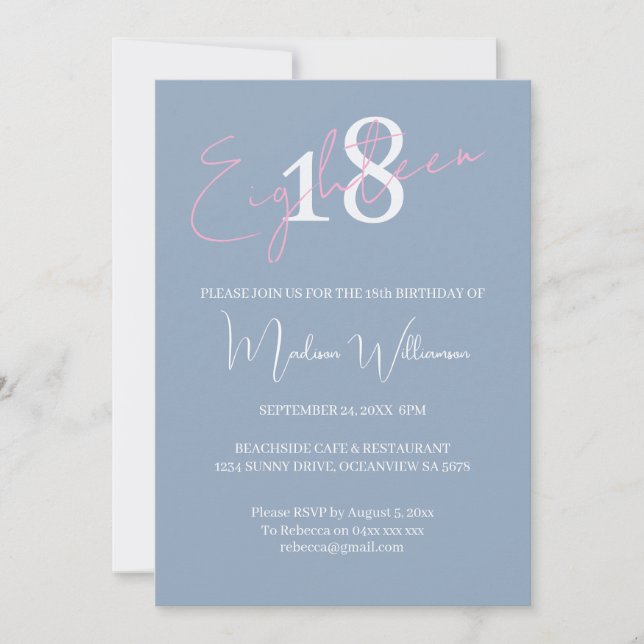 Modern Minimalist 18th Pink Blue Birthday Invitation (Front)