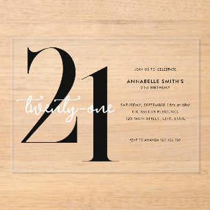 Modern Minimalist 21st Birthday Acrylic Invitations