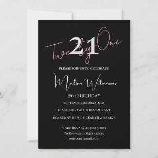 Modern Minimalist 21st Black Pink Birthday  Invitation