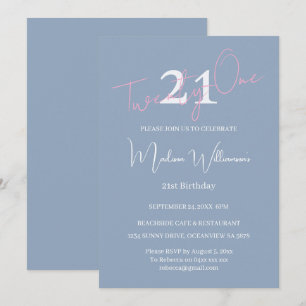 Modern Minimalist 21st Pink Blue Birthday Invitation