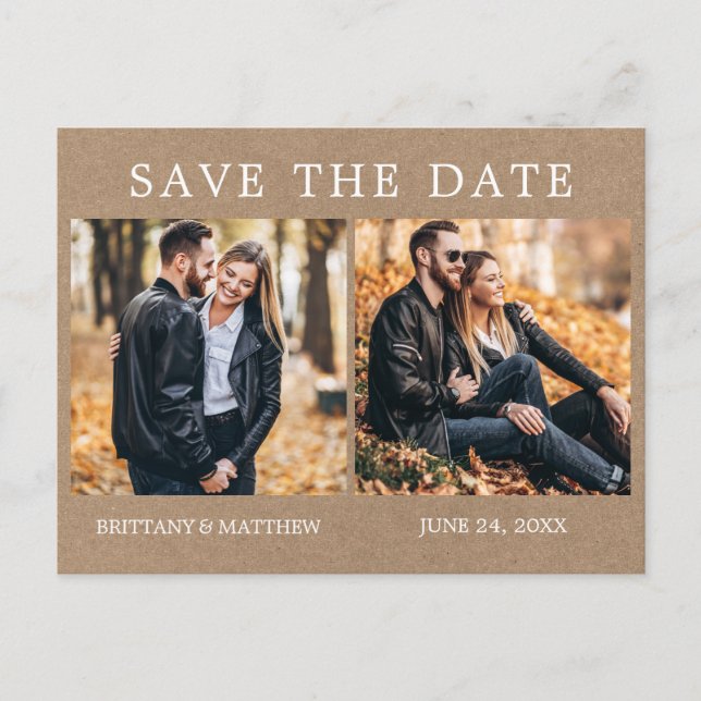 Modern Minimalist 2 Photo Kraft Save The Date Postcard (Front)
