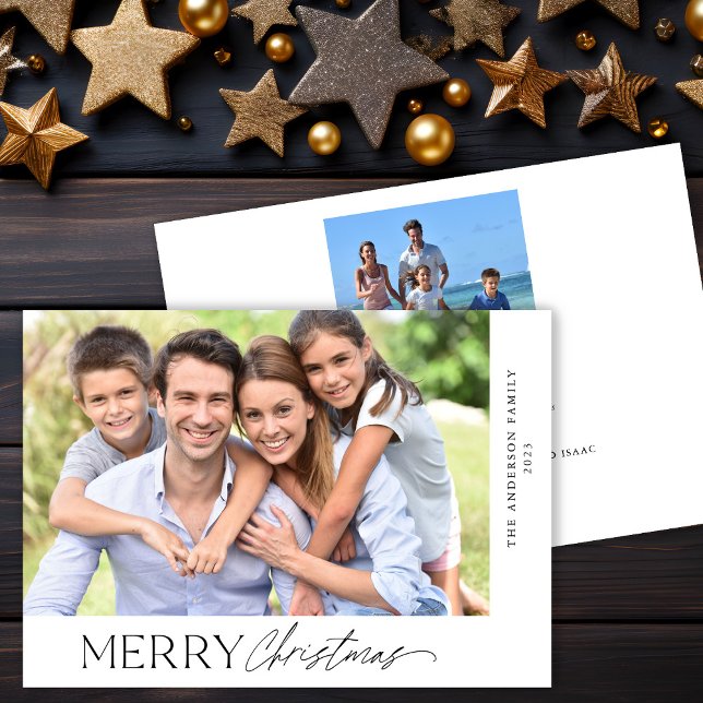Modern Minimalist 2 Photo Merry Christmas Script Holiday Card (Creator Uploaded)