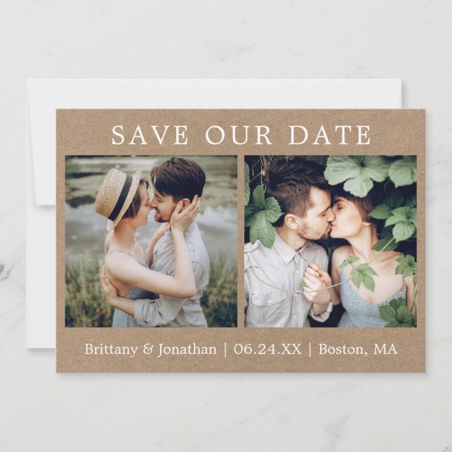 Modern Minimalist 2 Photo Save Our Date Kraft Card (Front)