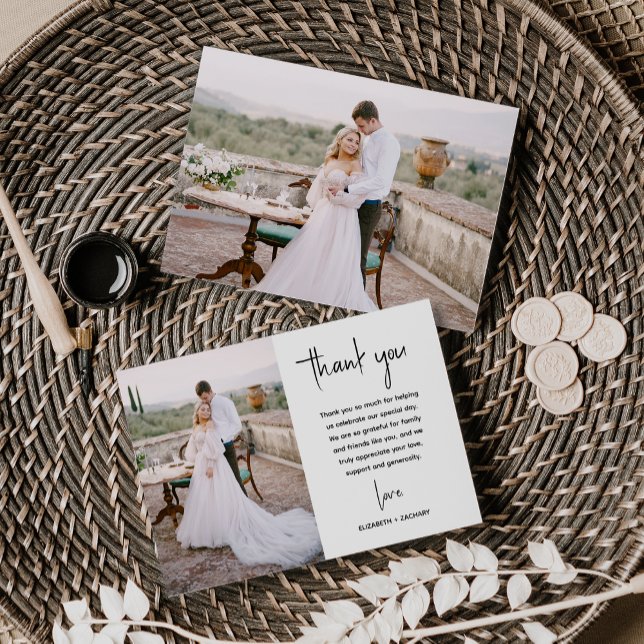 Modern Minimalist 2-Photo Script Wedding Thank You Card (Creator Uploaded)