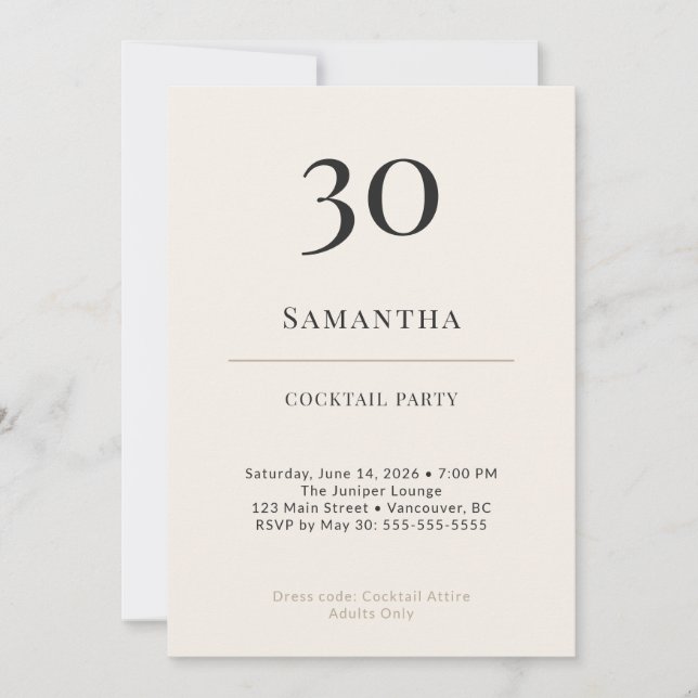 Modern Minimalist 30th Birthday Cocktail Party Invitation (Front)