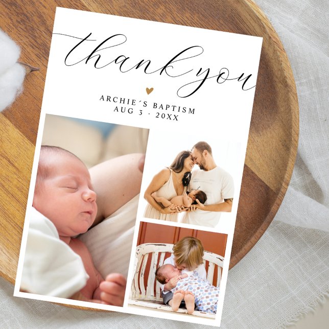 Modern Minimalist 3 Photo Collage Baptism Thank You Card (Creator Uploaded)
