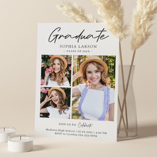 Modern Minimalist 3 Photo Collage Graduation Announcement (Creator Uploaded)