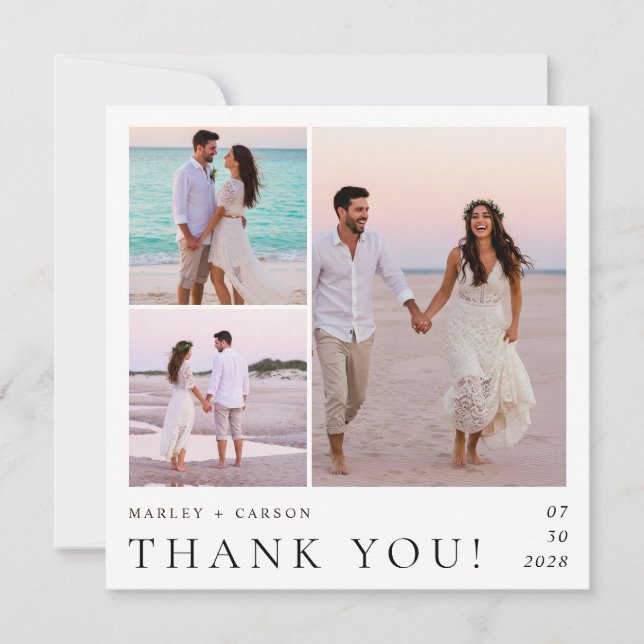 Modern Minimalist 3 Photo Collage Wedding Square Thank You Card (Front)