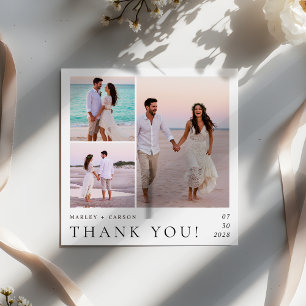 Modern Minimalist 3 Photo Collage Wedding Square Thank You Card
