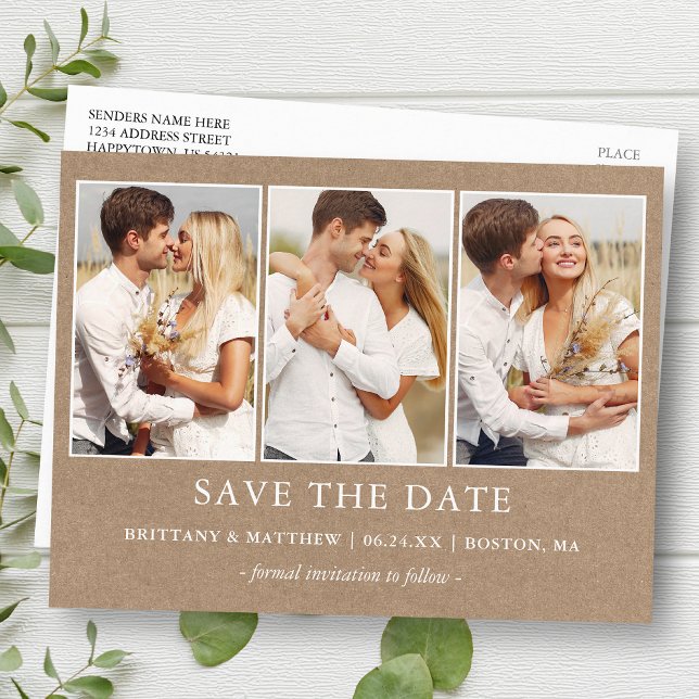 Modern Minimalist 3 Photo Kraft Save the Date Postcard (Customize to change text size or text style.)