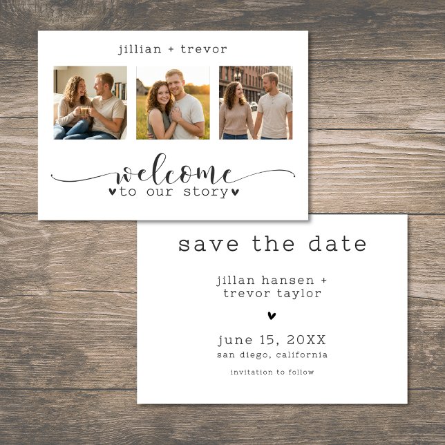 Modern Minimalist 3 Photo Script Collage Wedding Save The Date (Modern Minimalist 3 Photo Script Collage Wedding Save The Date)