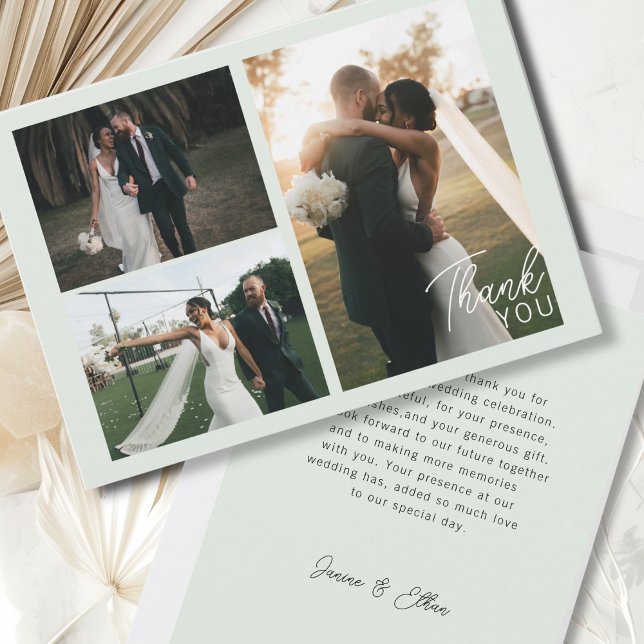Modern Minimalist 3 Photos Wedding Thank you (Modern minimalist 3 photos "Thank you" Card, Light-Green.)