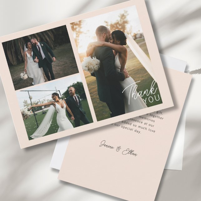 Modern Minimalist 3 Photos Wedding Thank you (Modern minimalist 3 photos "Thank you" Card, Soft-Blush.)