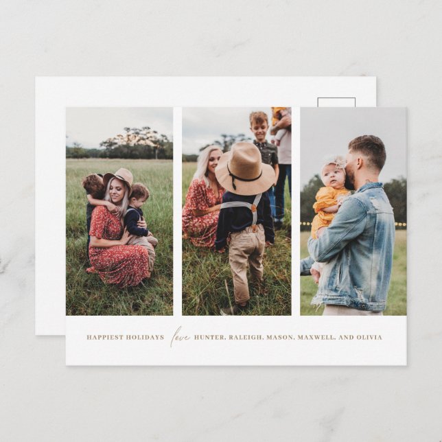 Modern Minimalist 3 Vertical Photos Holiday Card (Front/Back)