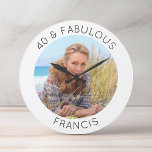 Modern Minimalist 40 & Fabulous Photo Large Clock<br><div class="desc">Create your own personalised circle photo round wall clock for her 40th birthday party. Customise the solid white background colour or the black thin line text colour to match your photo. If you change the font type or size, you can fine tune the curvature of the text in small increments....</div>