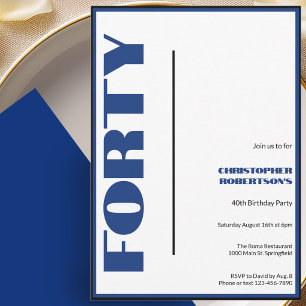 Modern Minimalist 40th Birthday Blue and Black Invitation