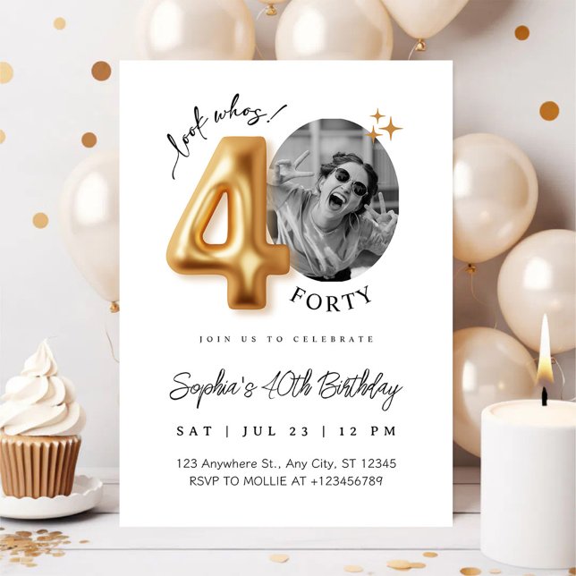 Modern Minimalist 40th Birthday Photo Invitation (Creator Uploaded)
