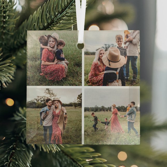 Modern Minimalist 4 Photo Collage Christmas Glass Tree Decoration (Creator Uploaded)
