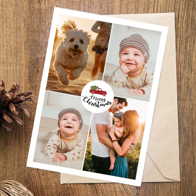 Modern Minimalist 4 Photo Collage Christmas  Holiday Card (Creator Uploaded)