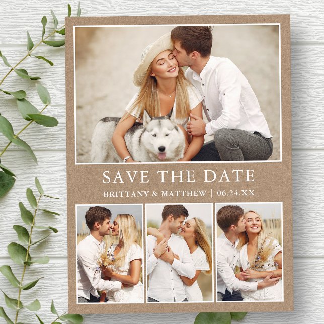 Modern Minimalist 4 Photos Save the Date Kraft Postcard (Customize to change text size or text style.)