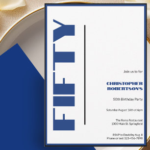 Modern Minimalist 50th Birthday Blue and Black Invitation