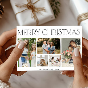 Modern minimalist 5 photo collage Merry Christmas Holiday Card
