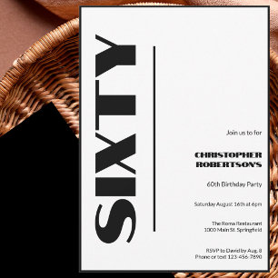 Modern Minimalist 60th Birthday Black and White  Invitation