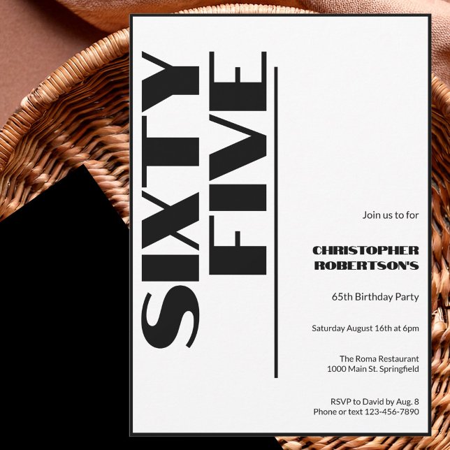 Modern Minimalist 65th Birthday Black and White  Invitation (Creator Uploaded)