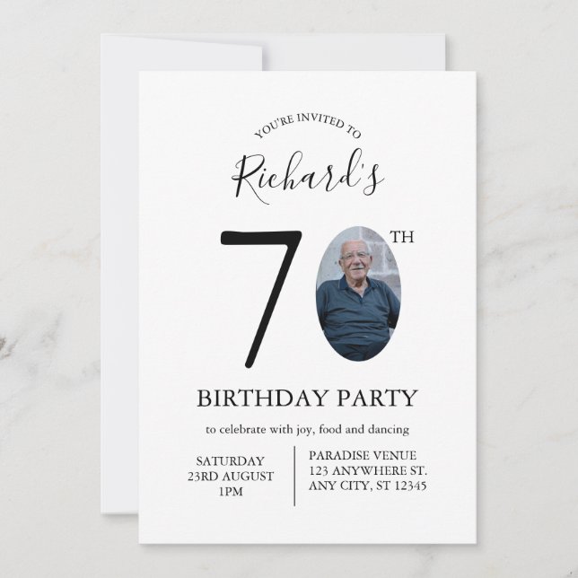 Modern Minimalist 70th Birthday Photo Invitation (Front)