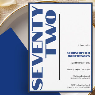 Modern Minimalist 72nd Birthday Blue and Black Invitation