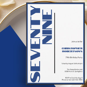 Modern Minimalist 79th Birthday Blue and Black Invitation