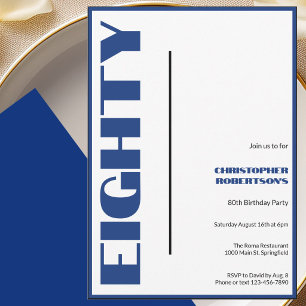 Modern Minimalist 80th Birthday Blue and Black Invitation