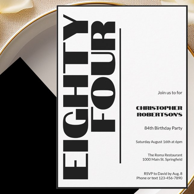 Modern Minimalist 84th Birthday Black and White  Invitation (Creator Uploaded)