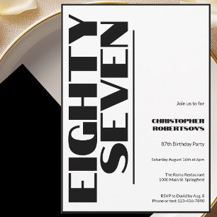 Modern Minimalist 87th Birthday Black and White  Invitation