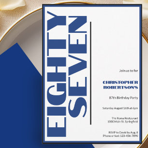 Modern Minimalist 87th Birthday Blue and Black Invitation