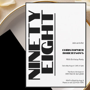 Modern Minimalist 98th Birthday Black and White  Invitation