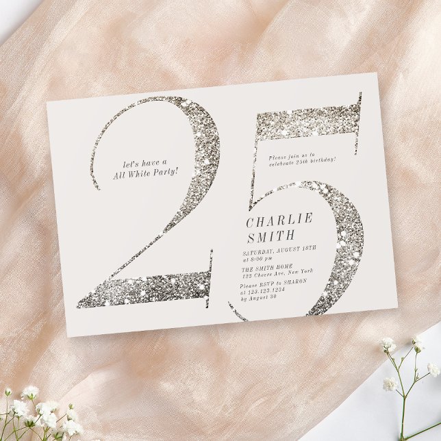 Modern minimalist all white party 25th birthday invitation (Modern minimalist all white party 25th birthday invitation)