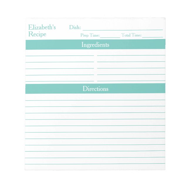 Modern Minimalist Aqua Personalised Recipes Notepad (Front)