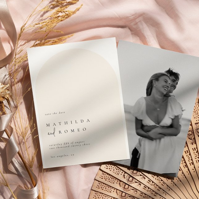 Modern minimalist arch beige wedding save the date invitation (Creator Uploaded)