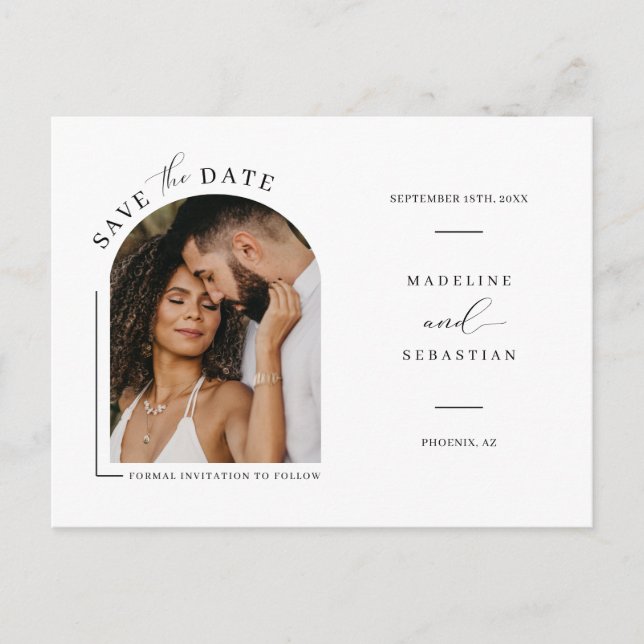 Modern Minimalist Arch Photo QR Code Save the Date Postcard (Front)