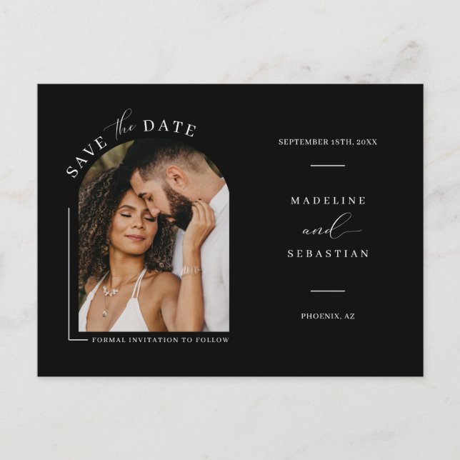 Modern Minimalist Arch Photo QR Code Save the Date Postcard (Front)