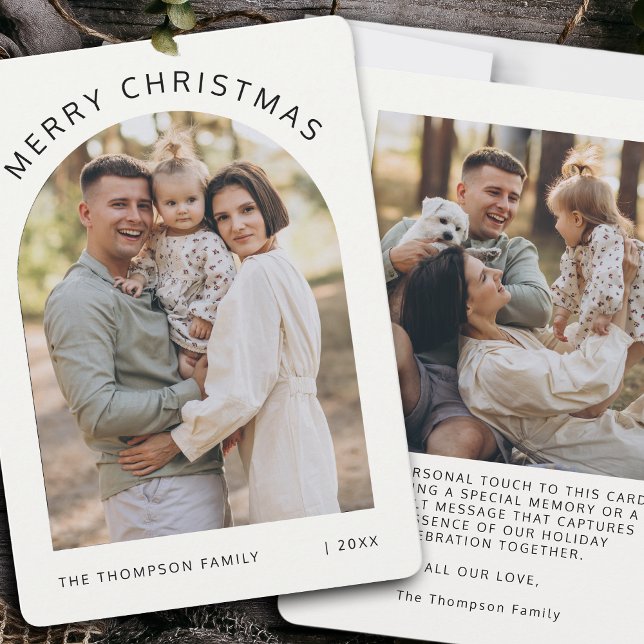 Modern Minimalist Arch Two Photo Merry Christmas Holiday Card (Creator Uploaded)