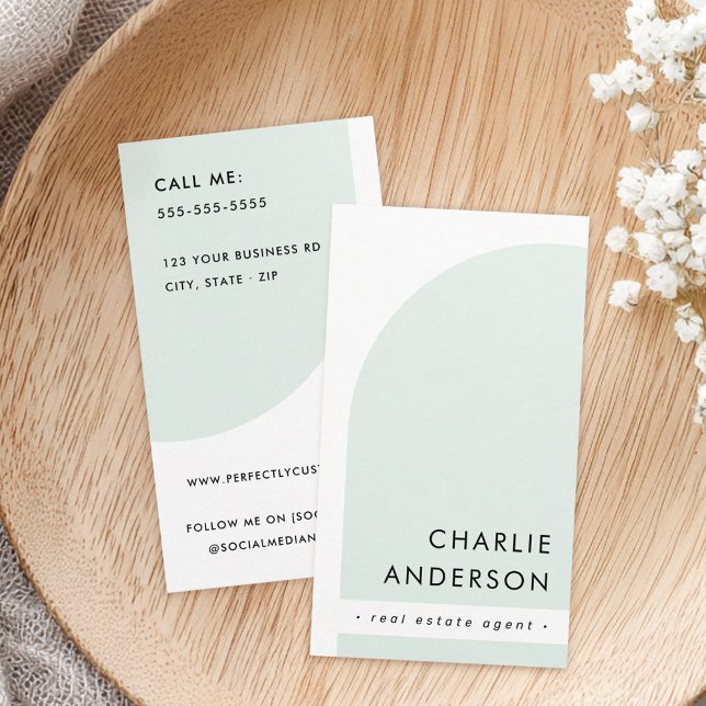 Modern minimalist arch white light dusty sea green business card (Modern minimalist arch white light dusty sea green business card)
