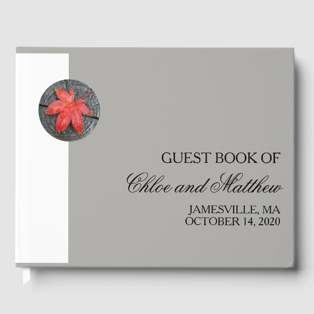 Modern Minimalist Autum Leaf Personalised Wedding Guest Book (Front)