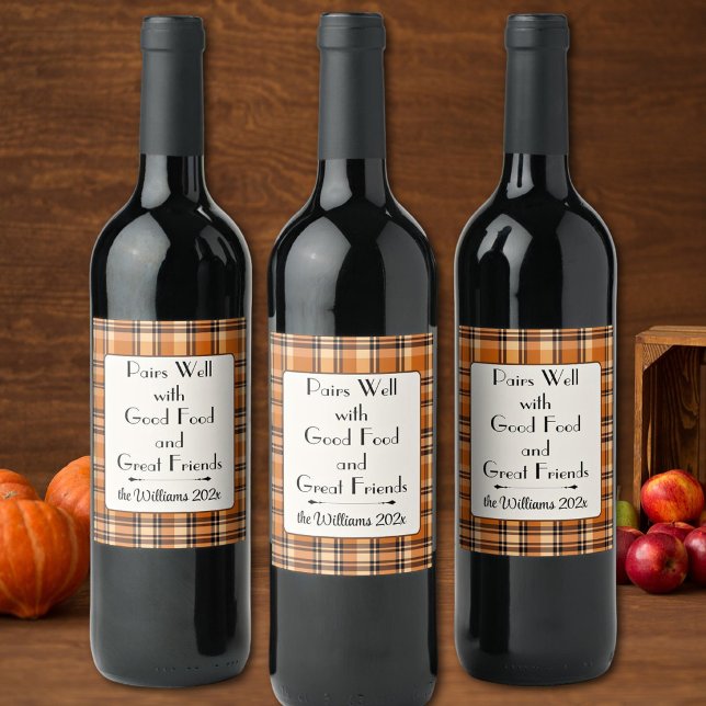 Modern Minimalist Autumn Plaid Custom Friendship Wine Label (Creator Uploaded)