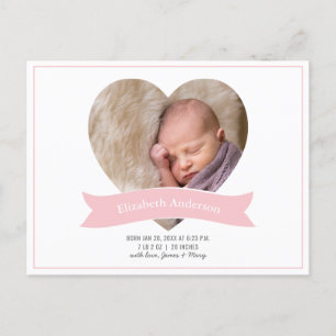 Modern Minimalist Baby Girl Photo Pink Birth Announcement Postcard