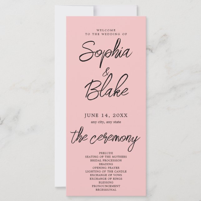 Modern Minimalist Baby Pink Wedding Program (Front)